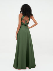 Robes Longues Princesse en Mousseline avec Fente Olive Verte