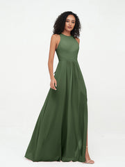 Robes Longues Princesse en Mousseline avec Fente Olive Verte