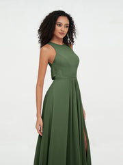Robes Longues Princesse en Mousseline avec Fente Olive Verte
