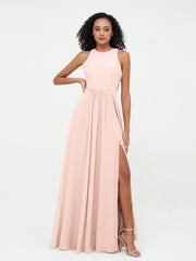 Robes Longues Princesse en Mousseline avec Fente Rose Perle Grande Taille