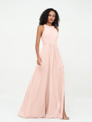 Robes Longues Princesse en Mousseline avec Fente Rose Perle