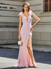 Robe de Soirée Sirène/Trompette avec Traîne Balayage en Paillettes Ivoire Grande Taille