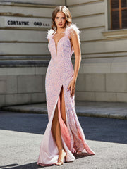 Robe de Soirée Sirène/Trompette avec Traîne Balayage en Paillettes Rose Pâle Grande Taille