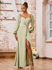 Robe Trapèze à Col en Cœur et Manches Longues avec Fente Haute Sauge Poudrée