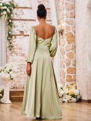 Robe Trapèze à Col en Cœur et Manches Longues avec Fente Haute Sauge Poudrée