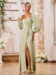 Robe Trapèze à Col en Cœur et Manches Longues avec Fente Haute Sauge Poudrée