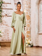 Robe Trapèze à Col en Cœur et Manches Longues avec Fente Haute Sauge Poudrée