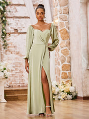 Robe Trapèze à Col en Cœur et Manches Longues avec Fente Haute Sauge Poudrée