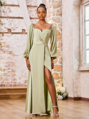 Robe Trapèze à Col en Cœur et Manches Longues avec Fente Haute Sauge Poudrée