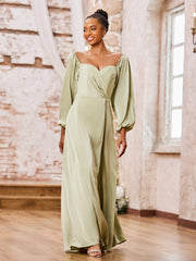 Robe Trapèze à Col en Cœur et Manches Longues avec Fente Haute Sauge Poudrée