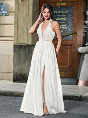 Maxi Robe à Corset Appliqué et Col Licou avec Fente Haute Ivoire