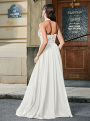 Maxi Robe à Corset Appliqué et Col Licou avec Fente Haute Ivoire