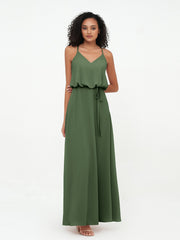 Bretelles Spaghetti Décolleté en V Robes en Mousseline Olive Verte Grande Taille