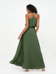 Bretelles Spaghetti Décolleté en V Robes en Mousseline Olive Verte Grande Taille