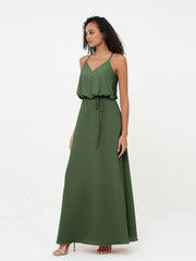 Bretelles Spaghetti Décolleté en V Robes en Mousseline Olive Verte
