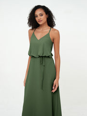 Bretelles Spaghetti Décolleté en V Robes en Mousseline Olive Verte Grande Taille