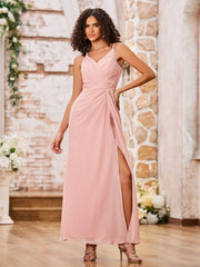 Maxi Robe Trapèze en Mousseline à Bretelles Spaghetti avec Fente Rose Poudré