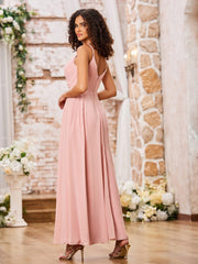 Maxi Robe Trapèze en Mousseline à Bretelles Spaghetti avec Fente Rose Poudré