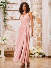 Maxi Robe Trapèze en Mousseline à Bretelles Spaghetti avec Fente Rose Poudré