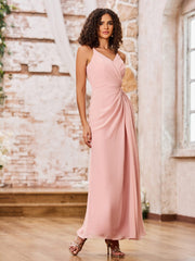 Maxi Robe Trapèze en Mousseline à Bretelles Spaghetti avec Fente Rose Poudré
