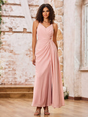 Maxi Robe Trapèze en Mousseline à Bretelles Spaghetti avec Fente Rose Poudré