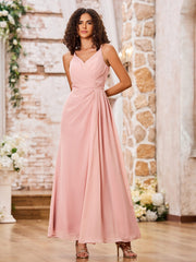Maxi Robe Trapèze en Mousseline à Bretelles Spaghetti avec Fente Rose Poudré