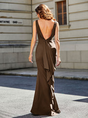 Robe de Soirée Sirène/Trompette avec Traîne Balayage en Jersey Brun