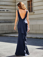 Robe de Soirée Sirène/Trompette avec Traîne Balayage en Jersey Bleu Marine