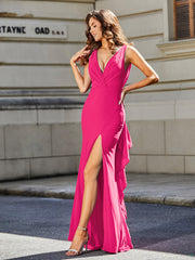 Robe de Soirée Sirène/Trompette avec Traîne Balayage en Jersey Fuchsia