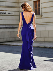 Robe de Soirée Sirène/Trompette avec Traîne Balayage en Jersey Bleu Royale