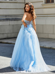 Robe de Soirée de A-ligne en Tulle à Une Épaule Longueur au Sol Bleu Ciel