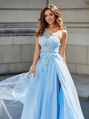 Robe de Soirée de A-ligne en Tulle à Une Épaule Longueur au Sol Bleu Ciel