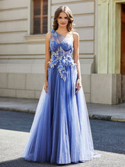 Robe de Soirée de A-ligne en Tulle à Une Épaule Longueur au Sol Orageux