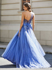 Robe de Soirée de A-ligne en Tulle à Une Épaule Longueur au Sol Orageux