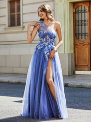 Robe de Soirée de A-ligne en Tulle à Une Épaule Longueur au Sol Orageux