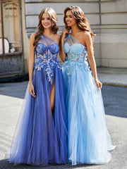 Robe de Soirée de A-ligne en Tulle à Une Épaule Longueur au Sol Orageux