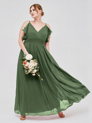 Spaghetti Bretelle Plis Col En V Mousseline Robes Olive Verte Grande Taille