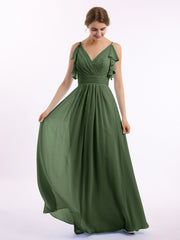 Spaghetti Bretelle Plis Col En V Mousseline Robes Olive Verte