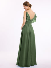 Spaghetti Bretelle Plis Col En V Mousseline Robes Olive Verte