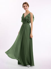 Spaghetti Bretelle Plis Col En V Mousseline Robes Olive Verte