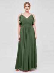 Spaghetti Bretelle Plis Col En V Mousseline Robes Olive Verte Grande Taille