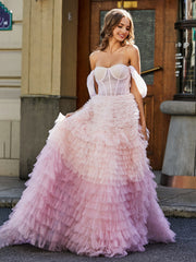 Robe de Soirée Princesse de A-ligne en Tulle avec Traîne Balayage Rose