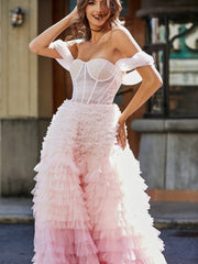 Robe de Soirée Princesse de A-ligne en Tulle avec Traîne Balayage Rose