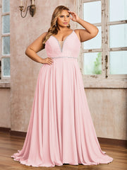 Bretelle Spaghetti Dentelle et Mousseline Robe Rose Pâle Grande Taille