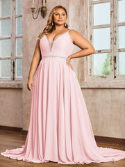 Bretelle Spaghetti Dentelle et Mousseline Robe Rose Pâle Grande Taille