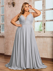 Bretelle Spaghetti Dentelle et Mousseline Robe Argent Grande Taille