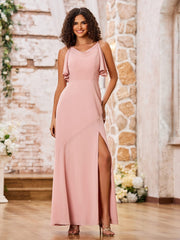 Robe en Mousseline à Bretelles Spaghetti et Col Bénitier avec Fente Rose Poudré