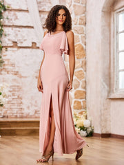 Robe en Mousseline à Bretelles Spaghetti et Col Bénitier avec Fente Rose Poudré