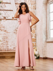 Robe en Mousseline à Bretelles Spaghetti et Col Bénitier avec Fente Rose Poudré