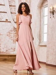 Robe en Mousseline à Bretelles Spaghetti et Col Bénitier avec Fente Rose Poudré